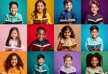 Collage of happy multi ethnic kids of reading books on colorful backgrounds. Literacy, inclusivity, diversity