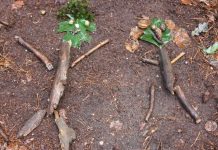 Takken op de grond gelegd in de vorm van twee poppetjes