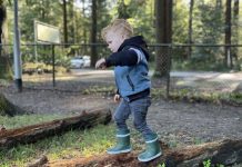 Peuter loopt over boomstam in het bos