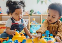 Twee jonge kinderen van verschillende etnische achtergronden, 1,5 tot 2 jaar oud, zijn verdiept in hun spel met speelgoed op een kinderdagverblijf.